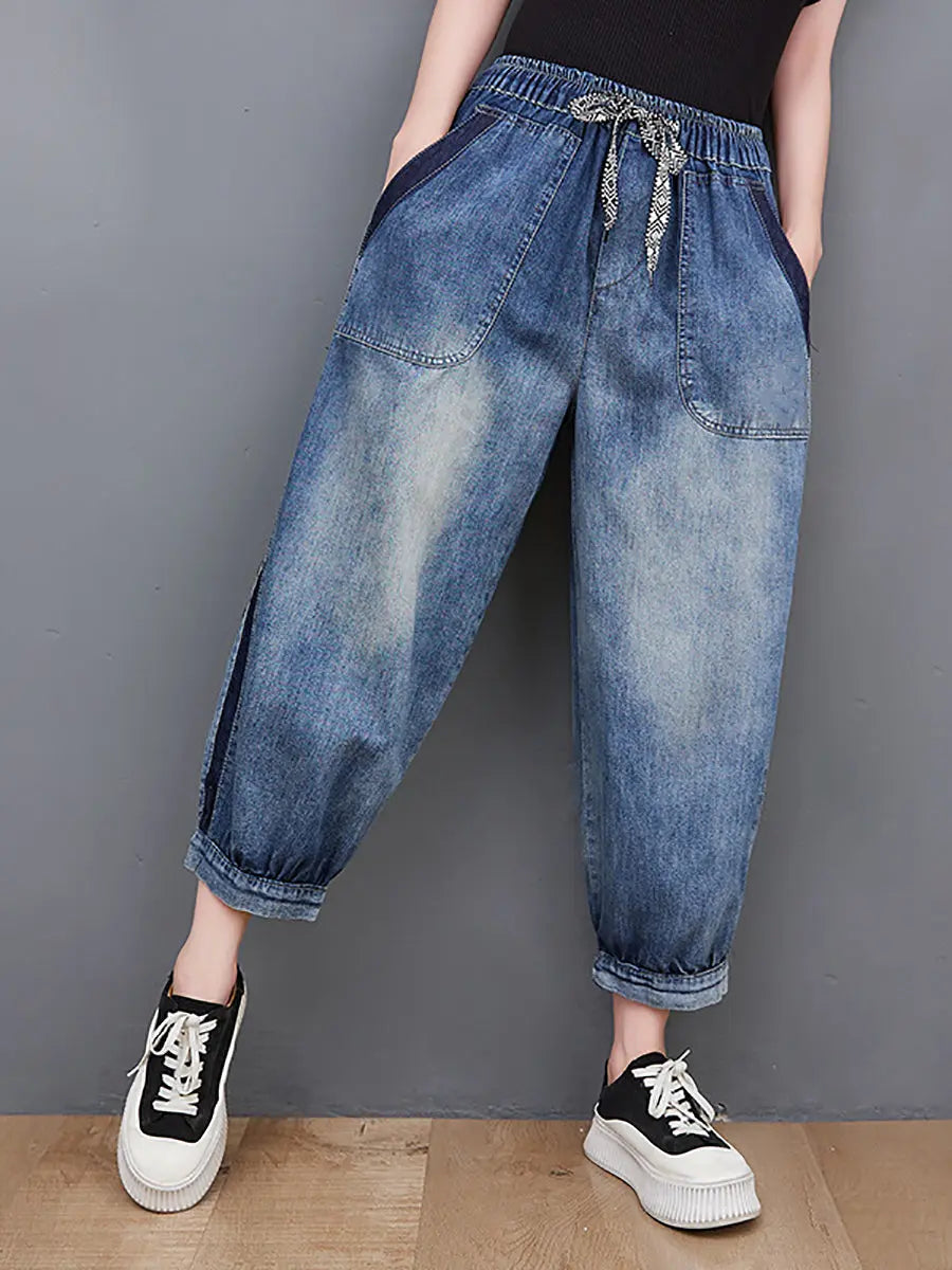 Women Spring Wahed Spliced Denim Pants Ada Fashion