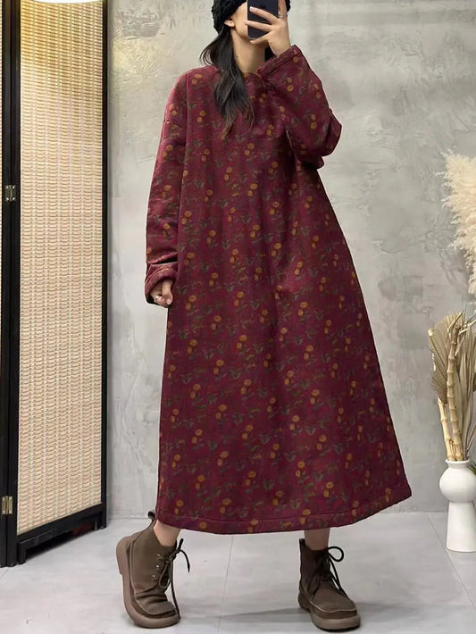 Women Vintage Flroal Long Loose Winter Padded Dress Ada Fashion