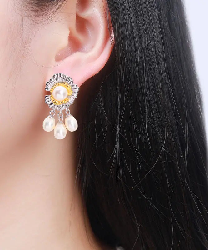 Women White Sterling Silver Overgild Jade Tassel Drop Earrings Ada Fashion