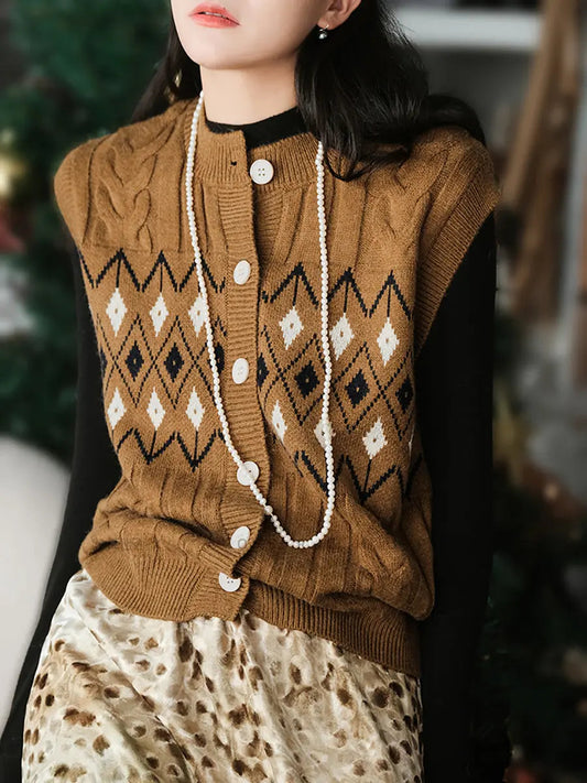 Women Winter Retro Geometric Knitted Vest Ada Fashion