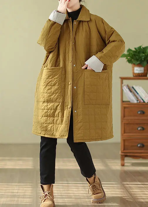 Yellow Pockets Patchwork Fine Cotton Filled Coats Peter Pan Collar Winter Ada Fashion