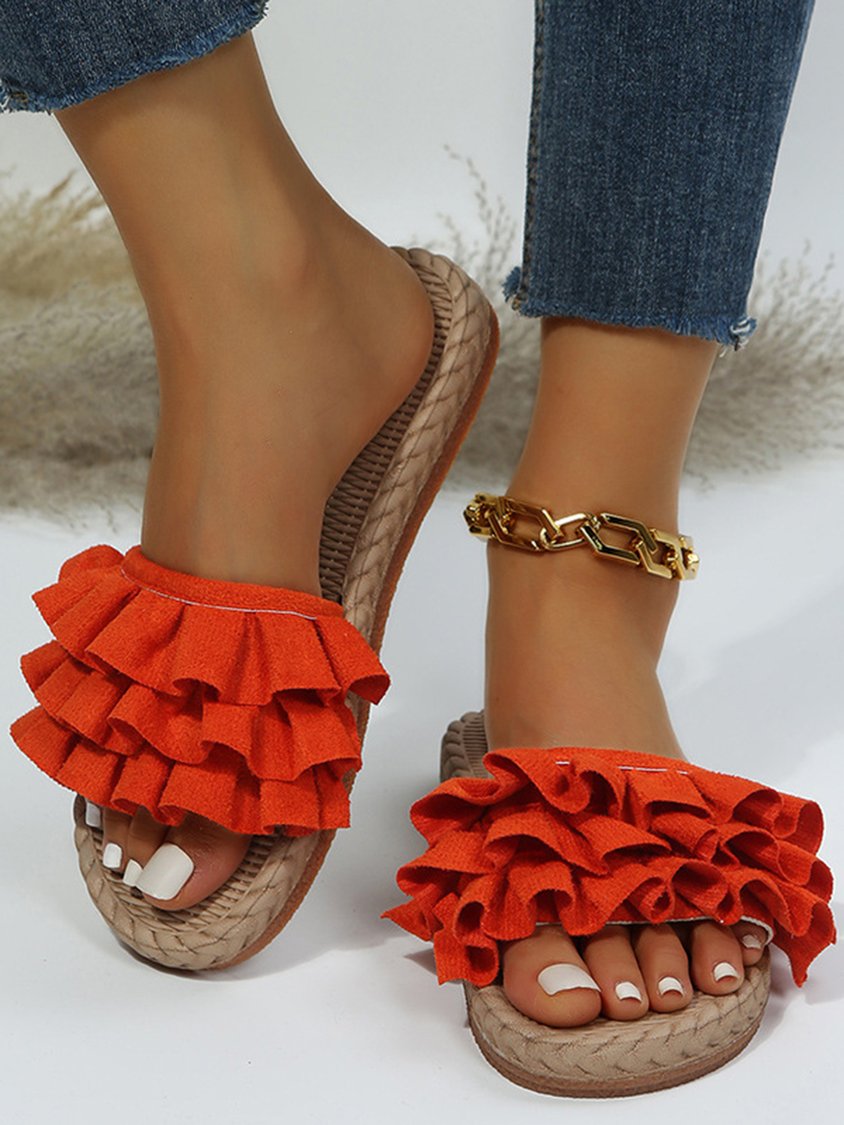 Vacation Ruffled Plain Beach Strap Slippers QAS53