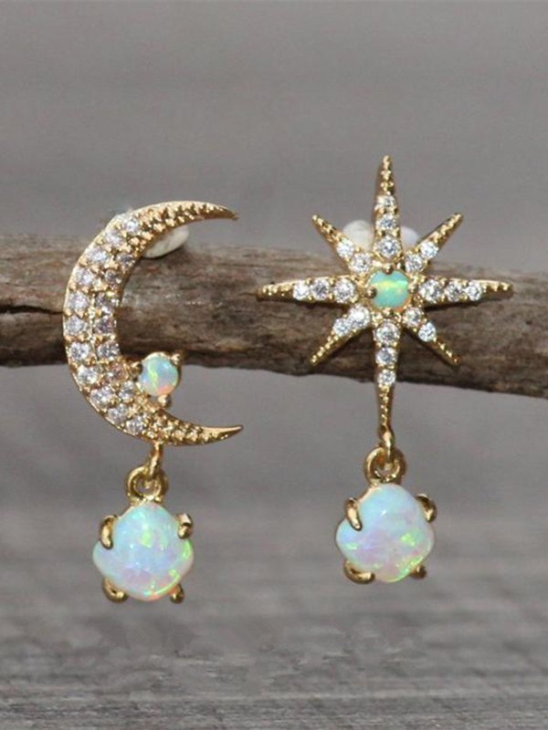 Vintage Diamond Star Moon Shaped Opal Moonstone Earrings Beach Vacation Wind Ethnic Jewelry QAR87