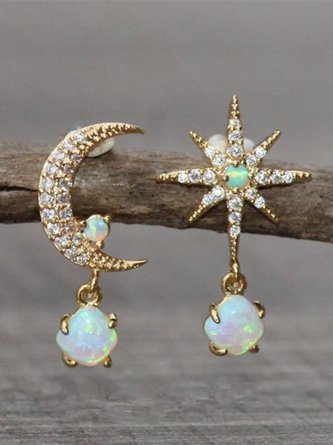 Vintage Diamond Star Moon Shaped Opal Moonstone Earrings Beach Vacation Wind Ethnic Jewelry QAR87
