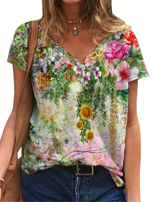 T-shirt à col en V à imprimé floral, t-shirt décontracté à manches courtes pour le printemps et l'été, vêtements pour femmes RA109